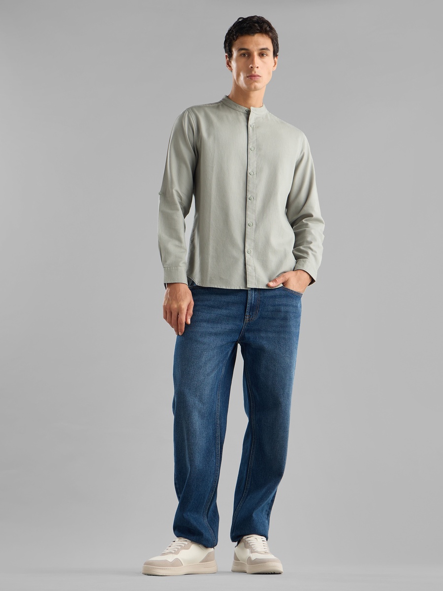 Waffle Textured Dobby Shirt with Mandarin Collar