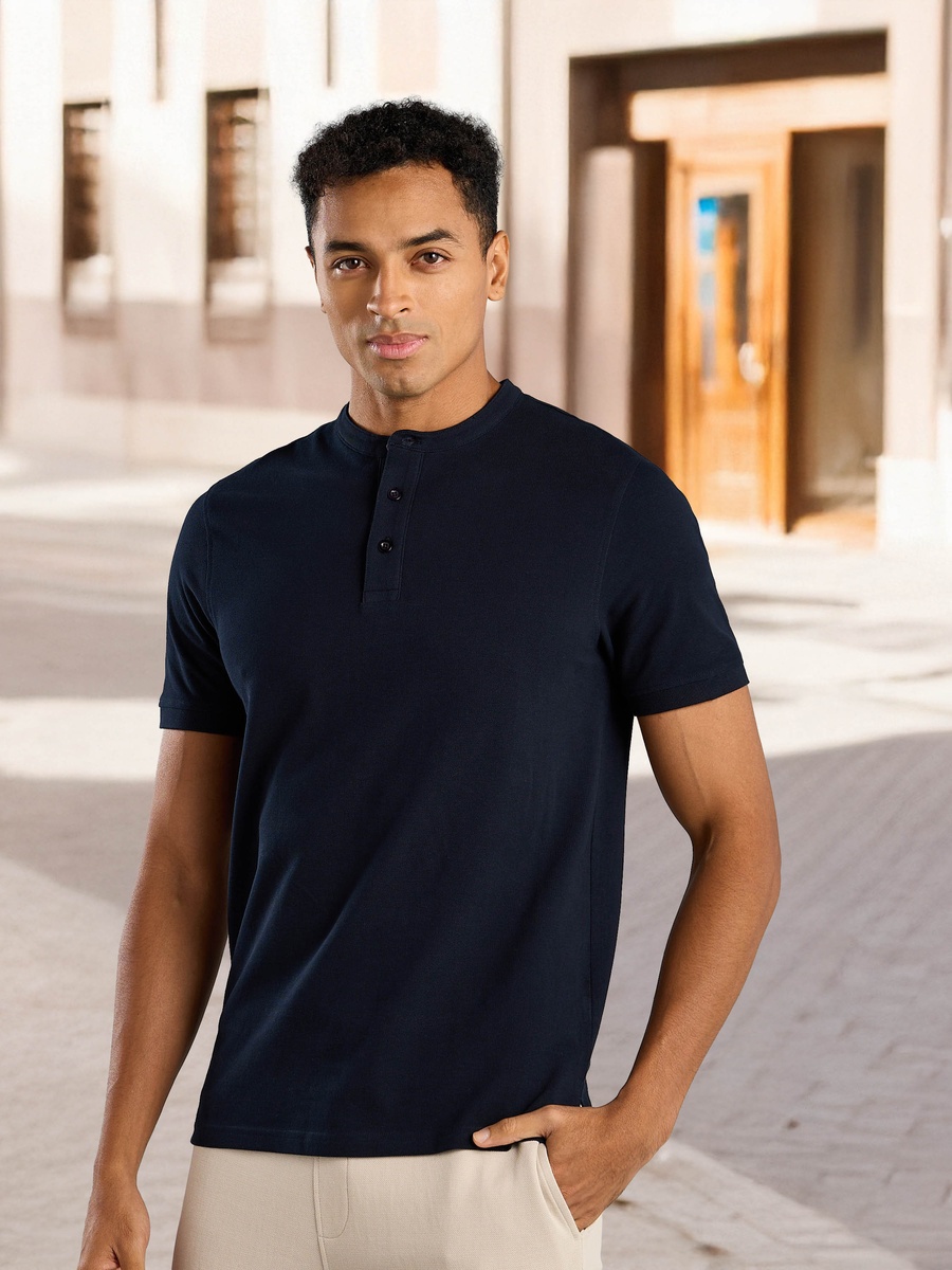 Pique Polo T-Shirt with Mandarin Collar