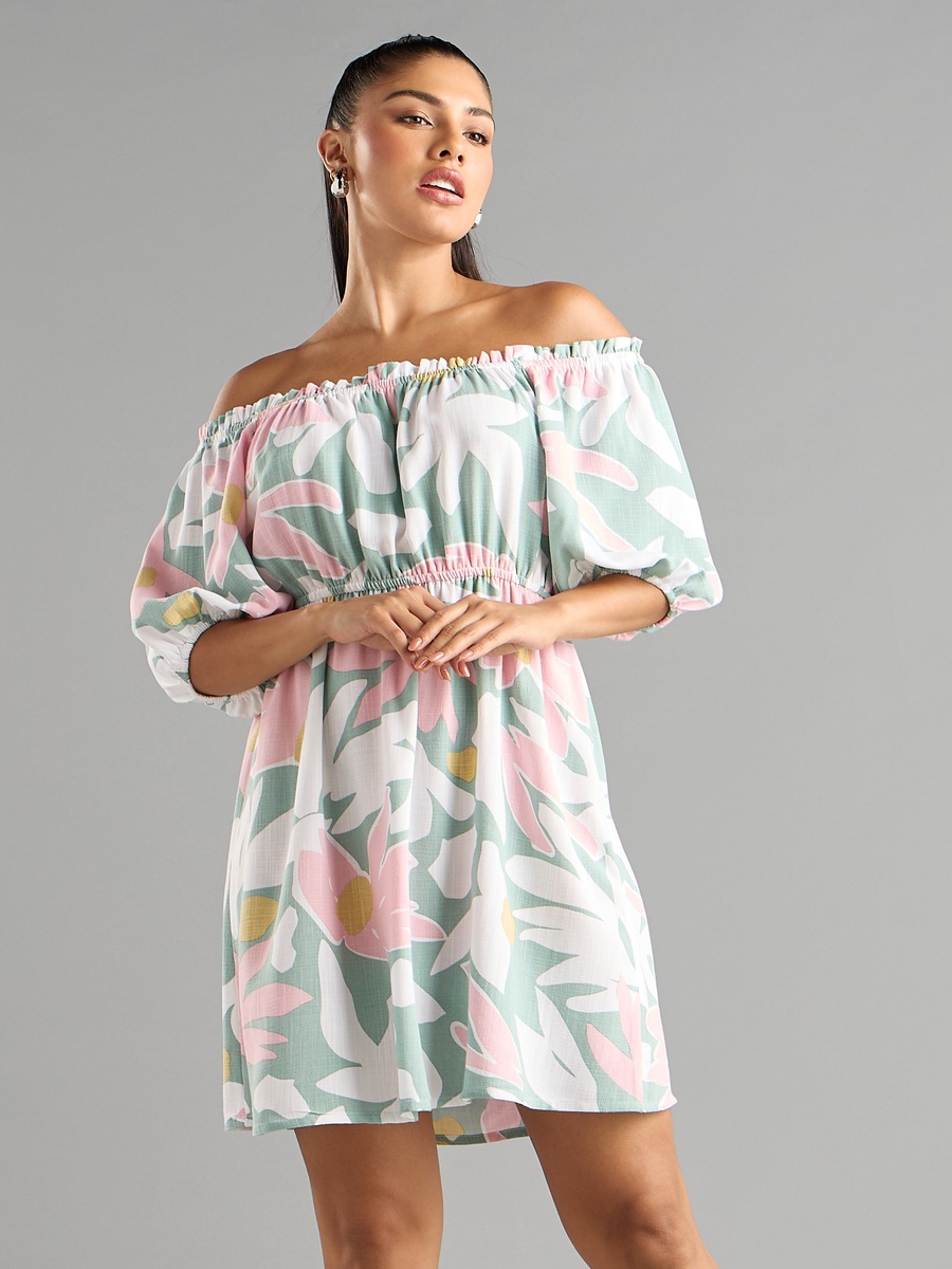 Linen Blend Printed Off Shoulder Mini Dress
