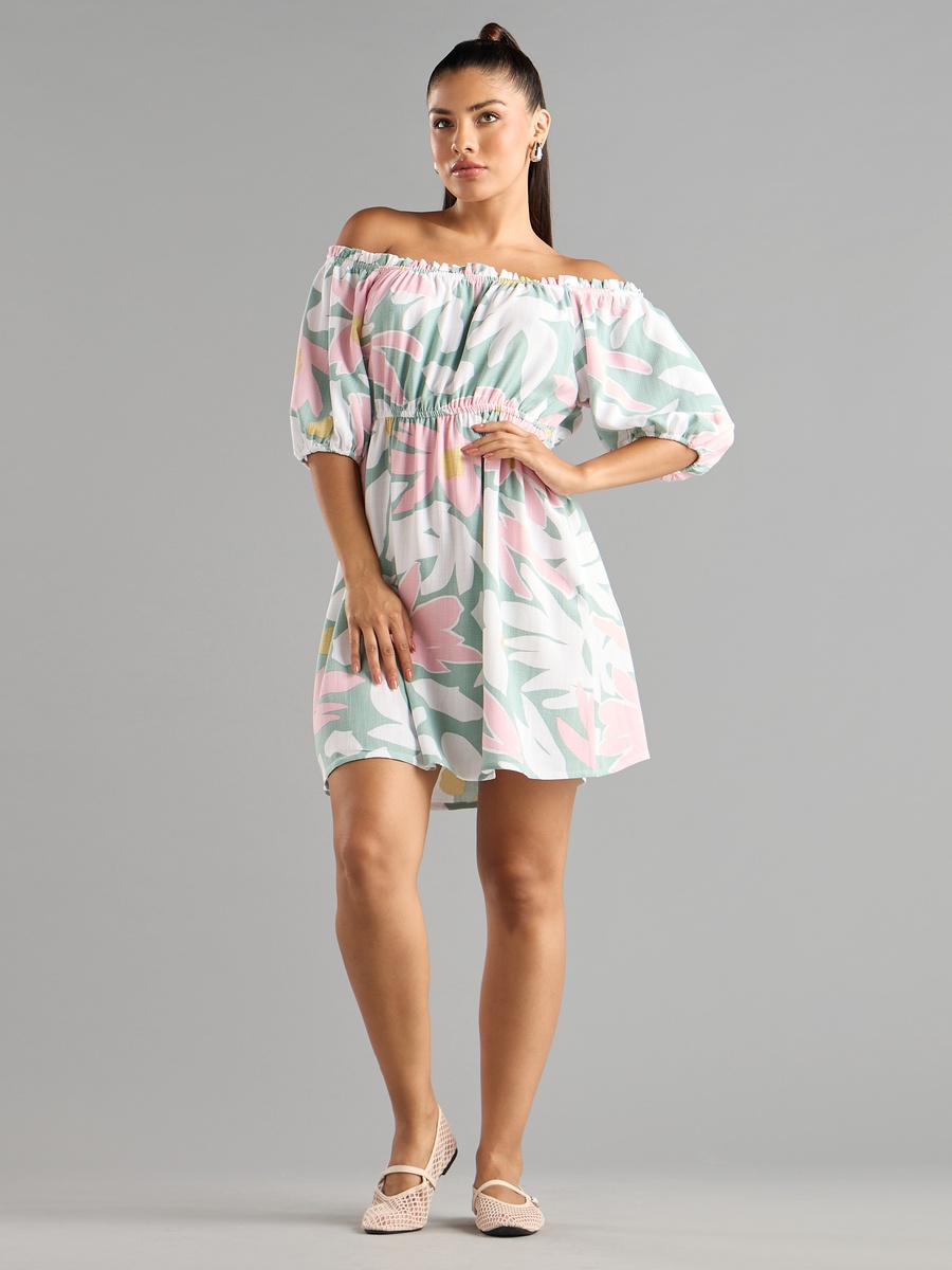 Linen Blend Printed Off Shoulder Mini Dress