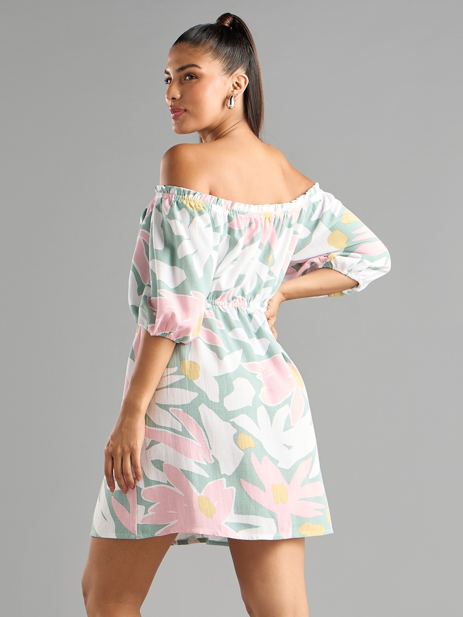 Linen Blend Printed Off Shoulder Mini Dress