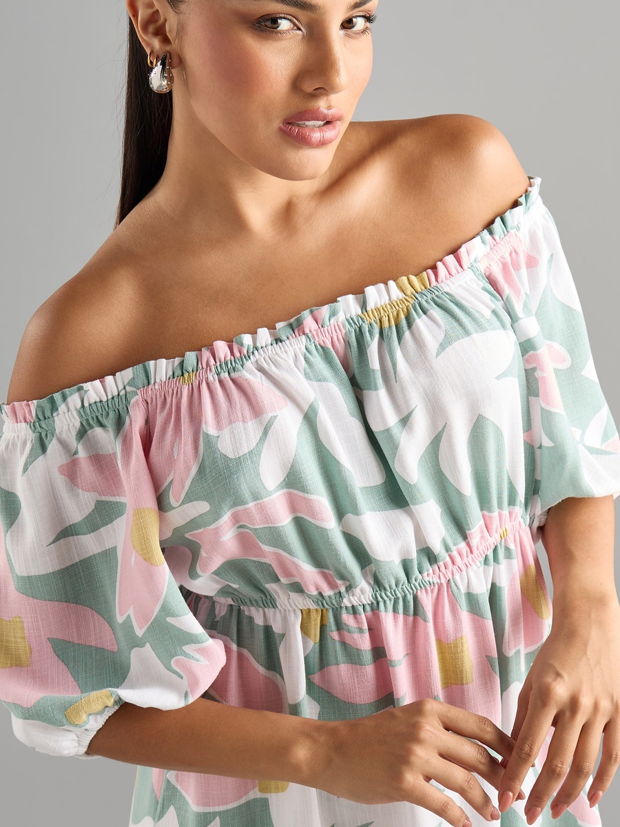 Linen Blend Printed Off Shoulder Mini Dress
