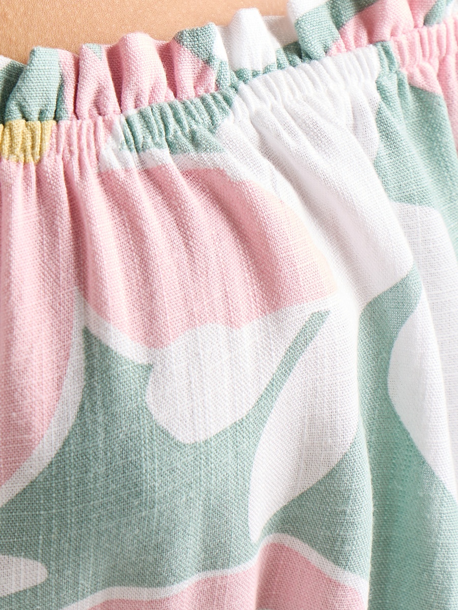 Linen Blend Printed Off Shoulder Mini Dress