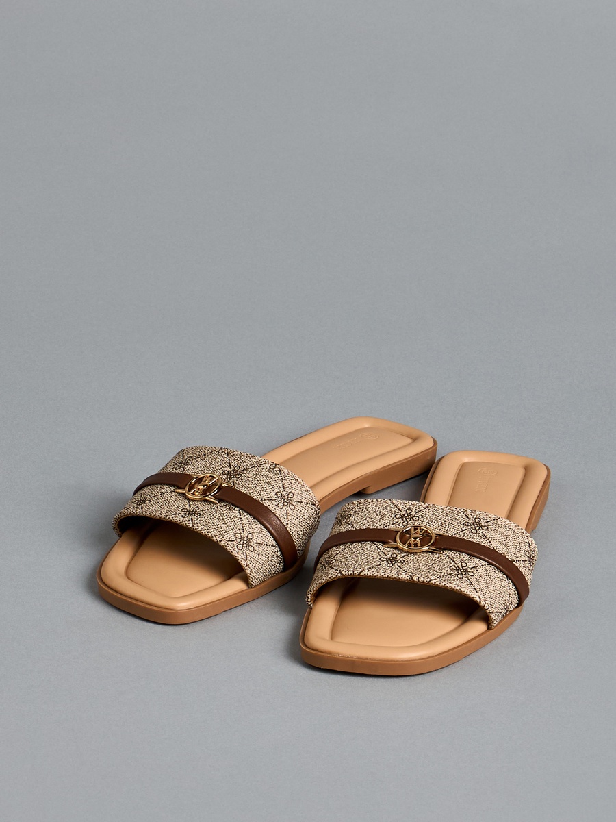 Printed Slip-On Sandals with Metal Accent