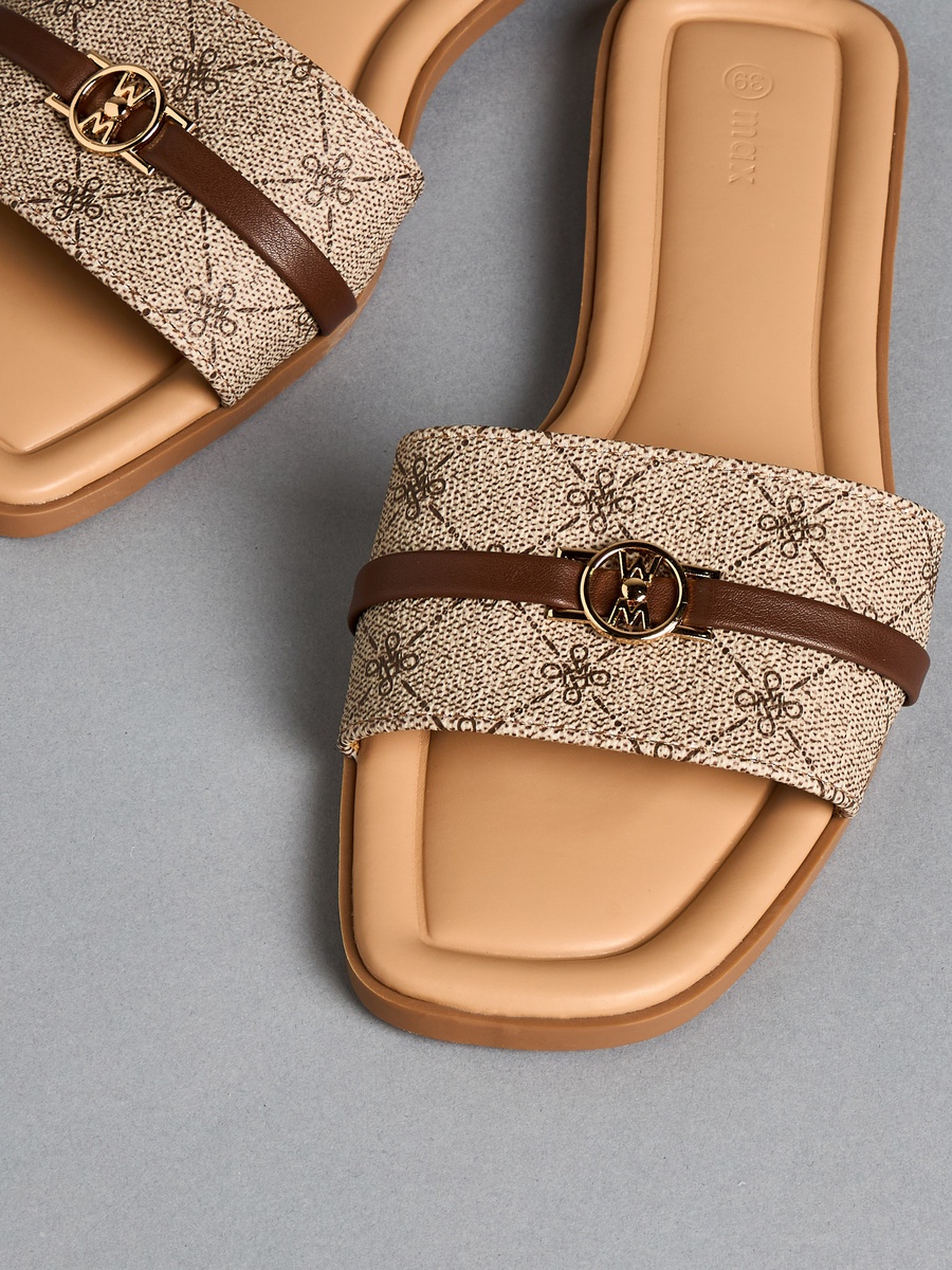 Printed Slip-On Sandals with Metal Accent