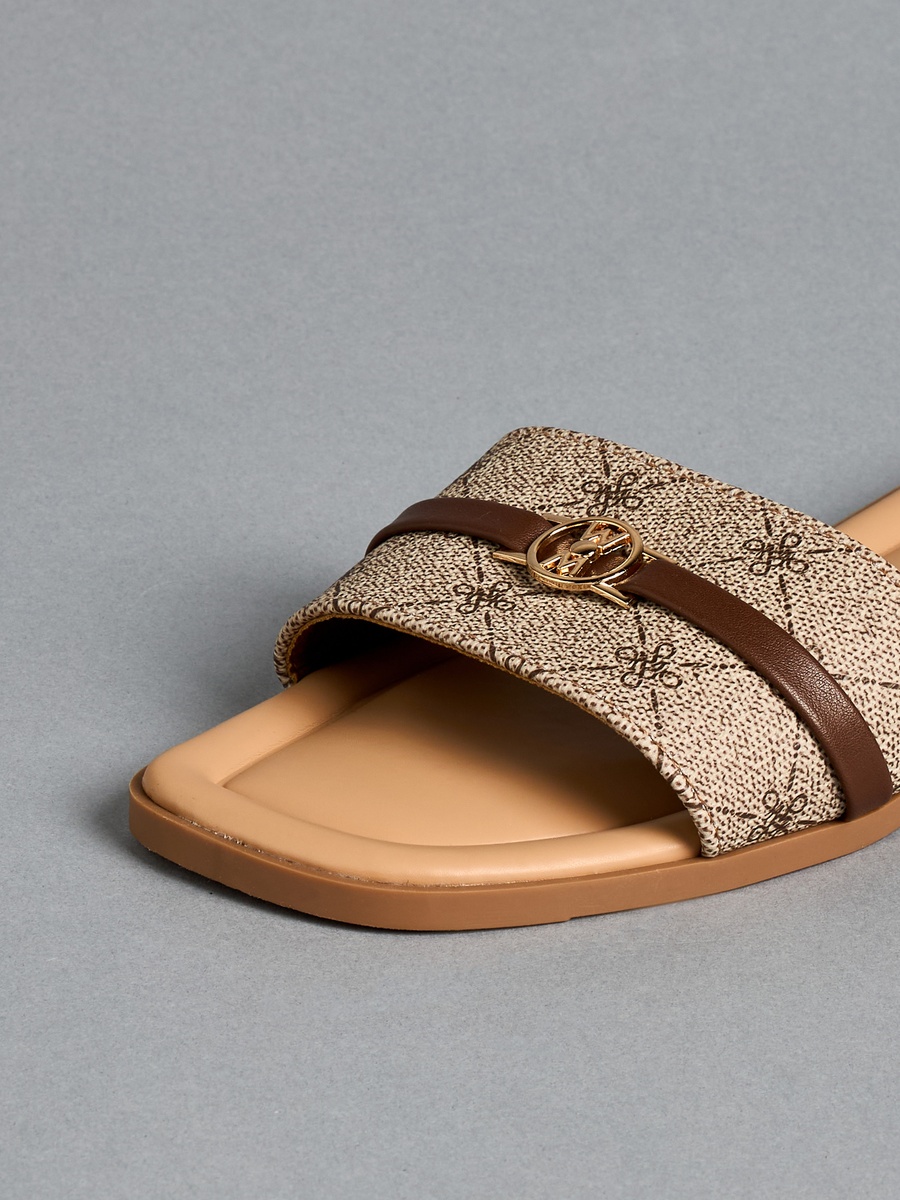 Printed Slip-On Sandals with Metal Accent