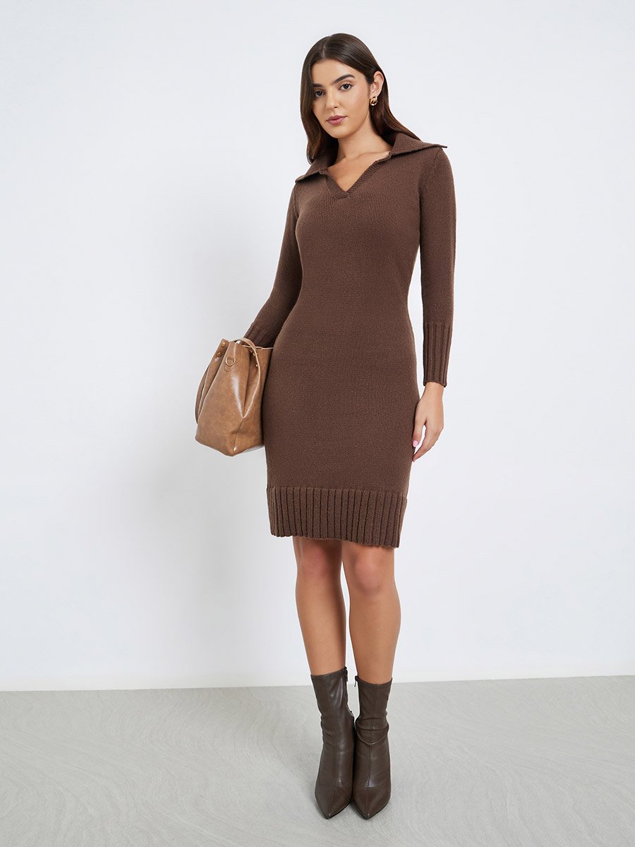 Brown Knit Sweater Knee-Length Dress