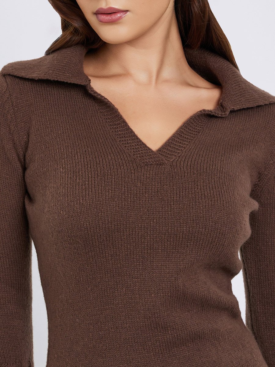 Brown Knit Sweater Knee-Length Dress