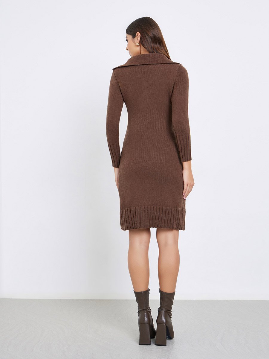 Brown Knit Sweater Knee-Length Dress