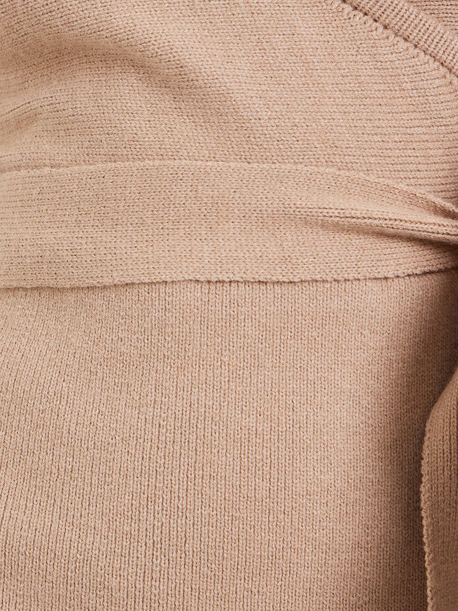 Beige Sweater Knit Mini Dress with Tie Belt
