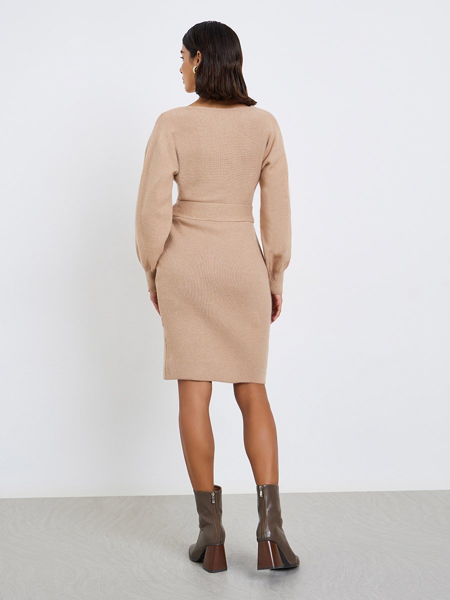 Beige Sweater Knit Mini Dress with Tie Belt
