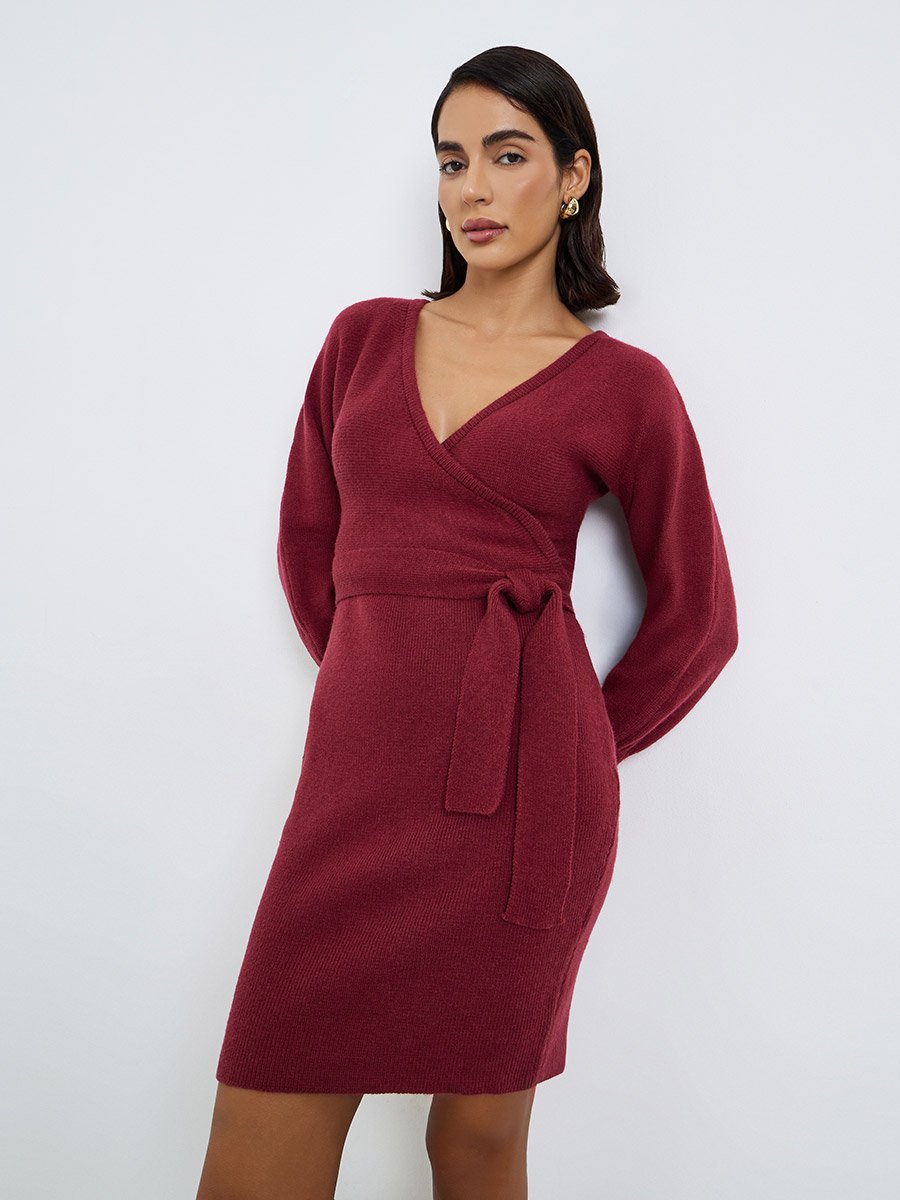 Maroon Sweater Knit Mini Dress with Tie Belt