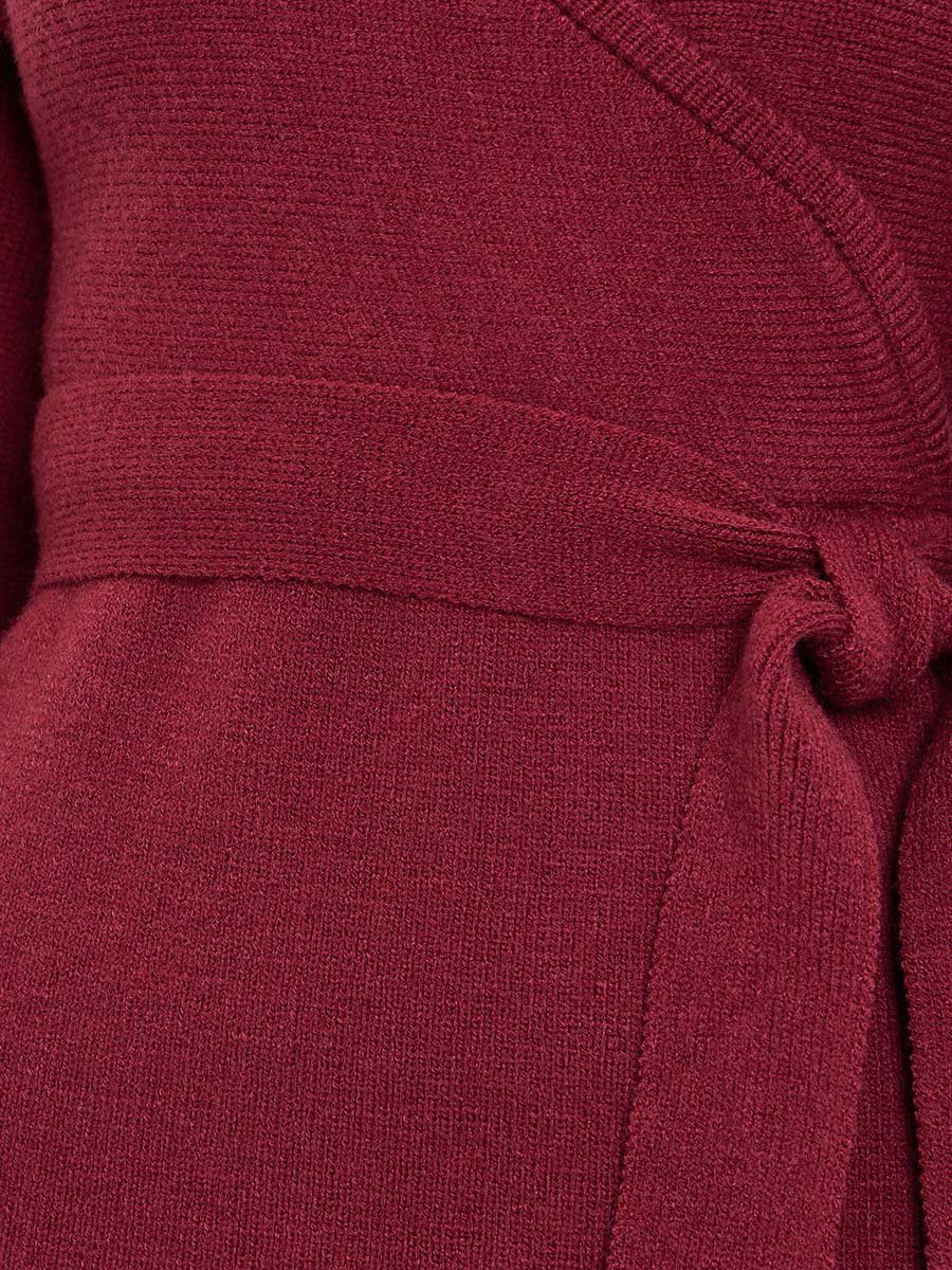 Maroon Sweater Knit Mini Dress with Tie Belt