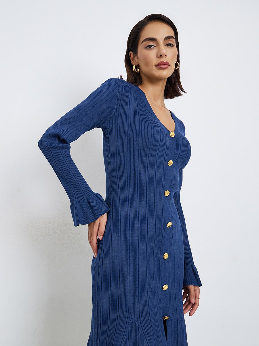 Blue Textured Knit Midi Dress with Buttons