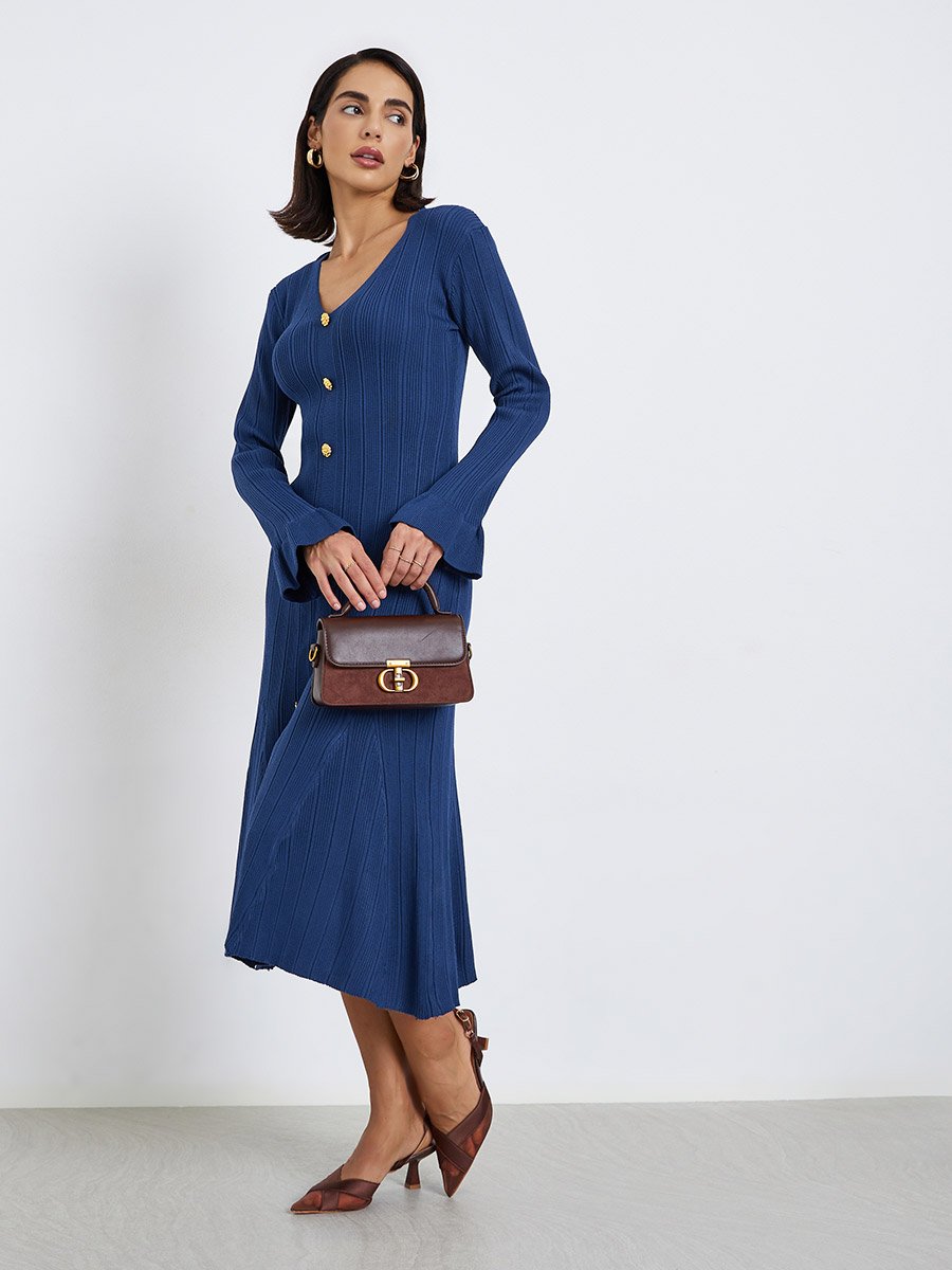 Blue Textured Knit Midi Dress with Buttons