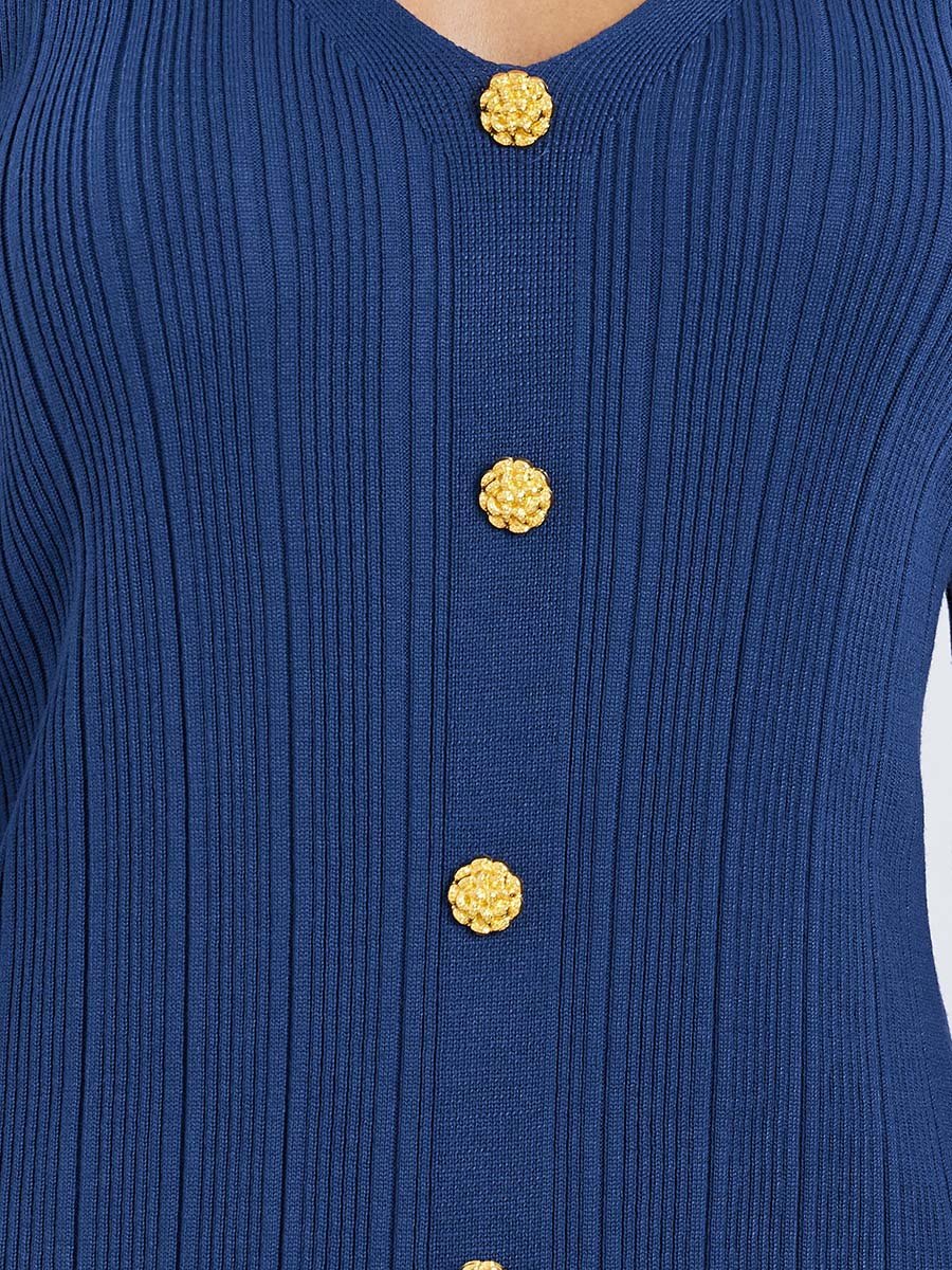 Blue Textured Knit Midi Dress with Buttons