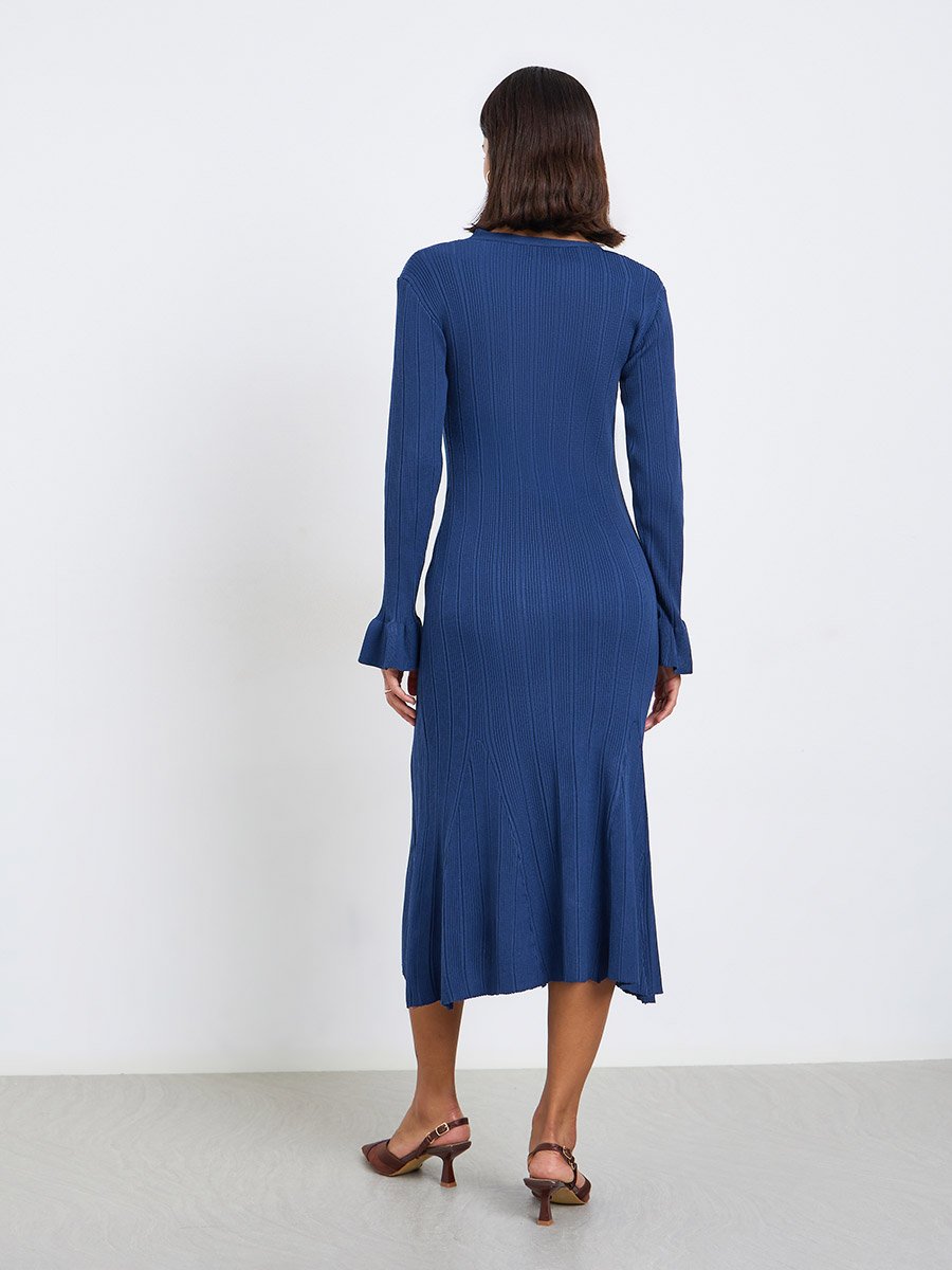 Blue Textured Knit Midi Dress with Buttons