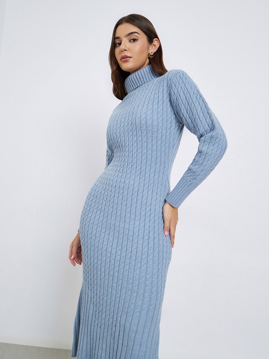 Blue Ribbed Sweater Midi Dress