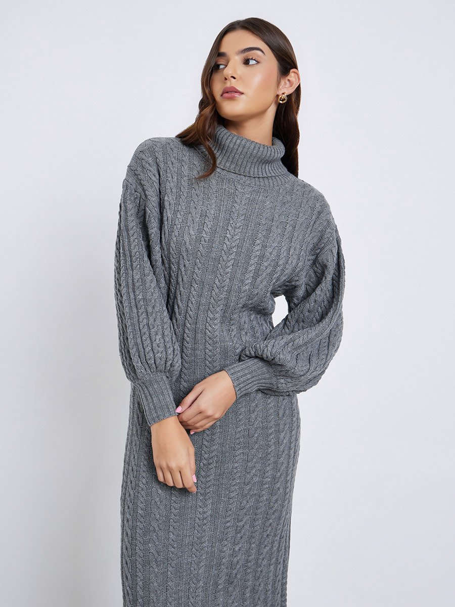 Grey Cable Knit Sweater Midi Dress For Women at UAE | Styli Grey Cable Knit Sweater Midi Dress For Women at UAE | Styli