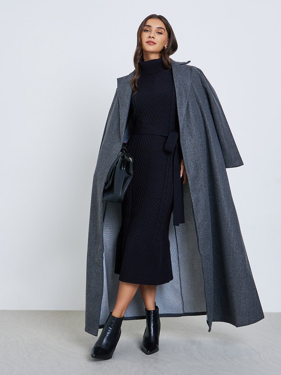 Black Ribbed Knit Sweater Midi Dress with Belt