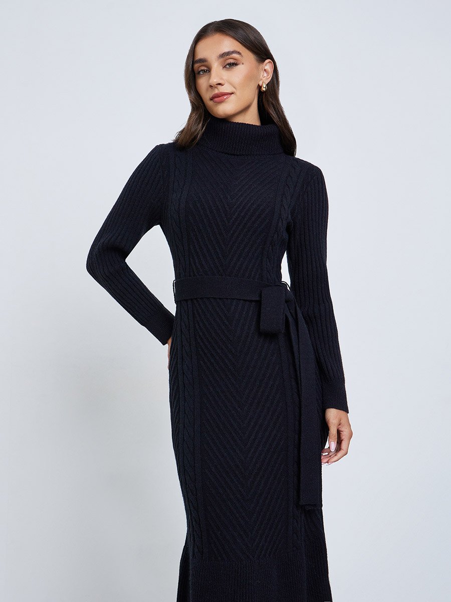 Black Ribbed Knit Sweater Midi Dress with Belt