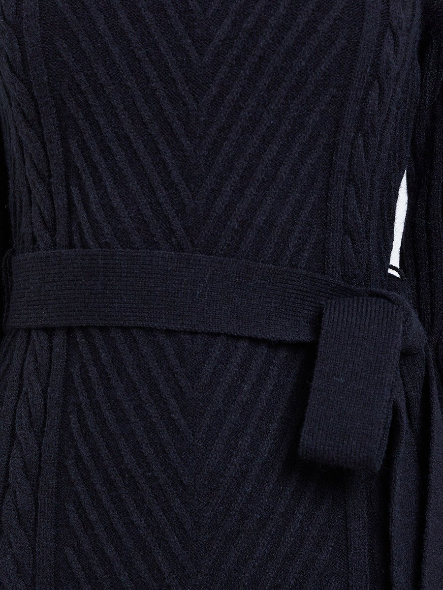 Black Ribbed Knit Sweater Midi Dress with Belt