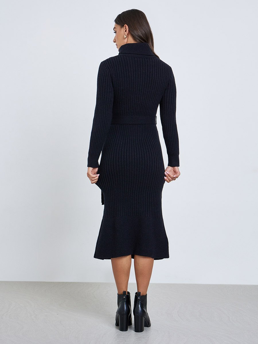 Black Ribbed Knit Sweater Midi Dress with Belt
