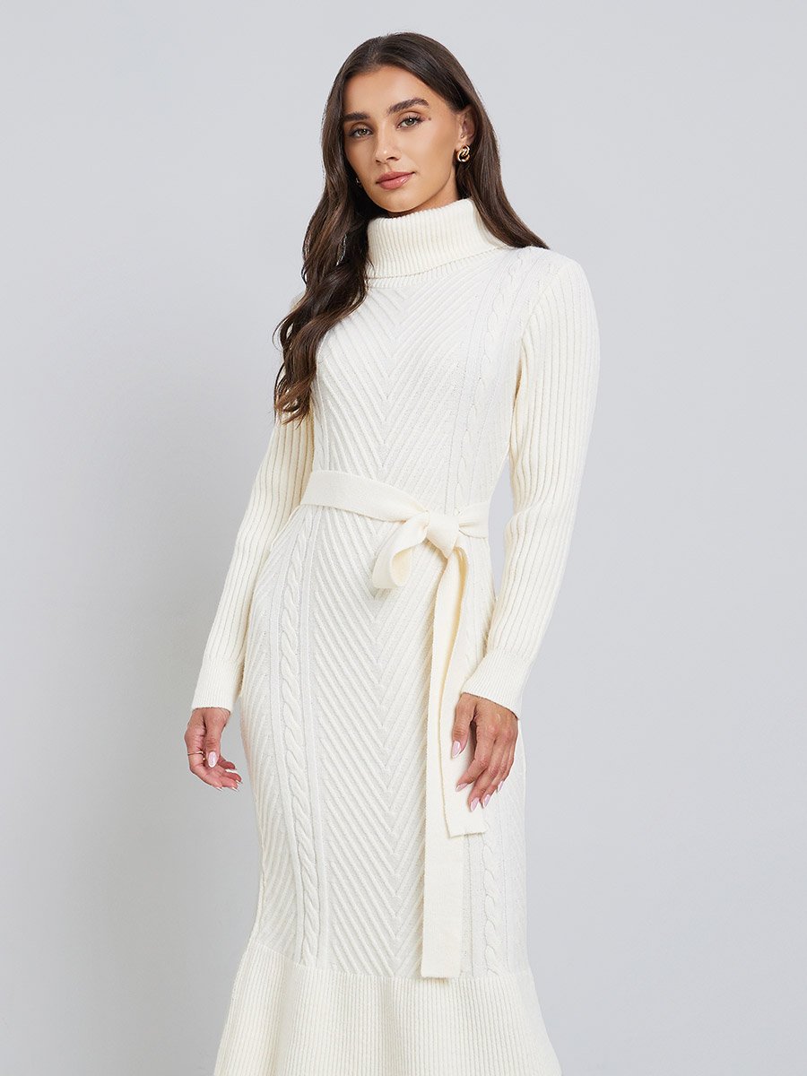 Off White Midi Sweater Dress with Belt For Women at Kuwait | Styli Off White Midi Sweater Dress with Belt For Women at Kuwait | Styli