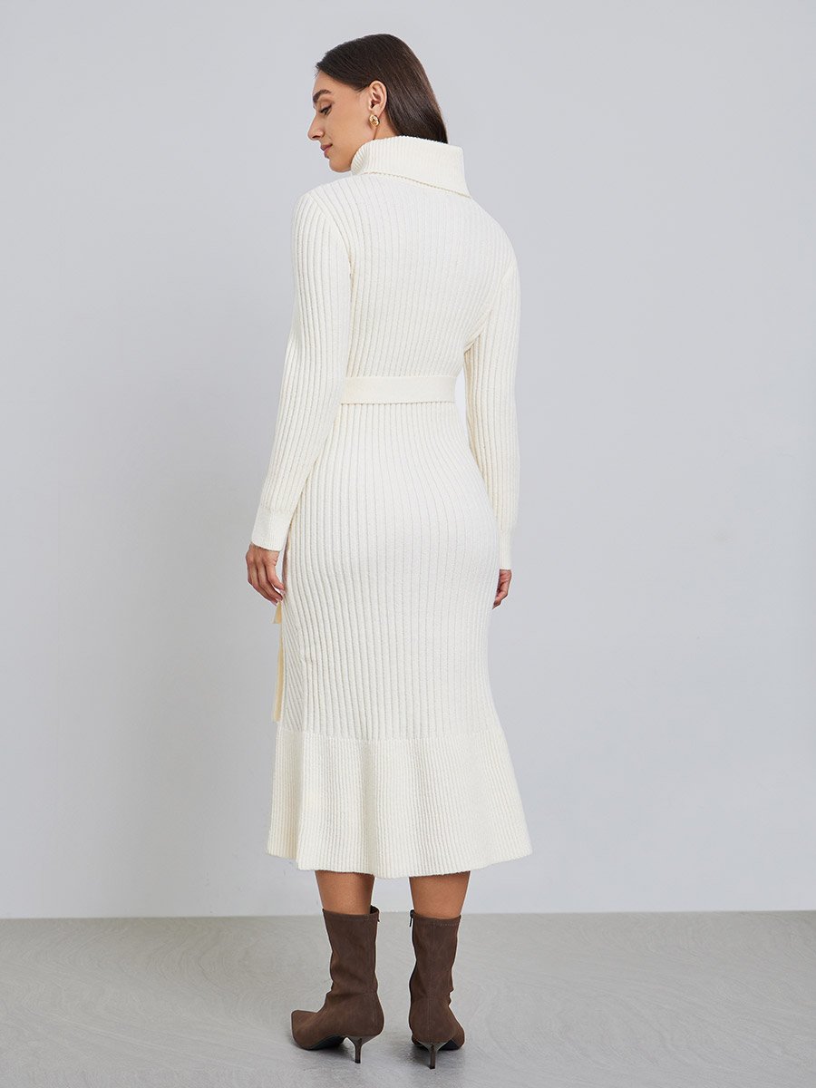 Off White Midi Sweater Dress with Belt For Women at Kuwait | Styli