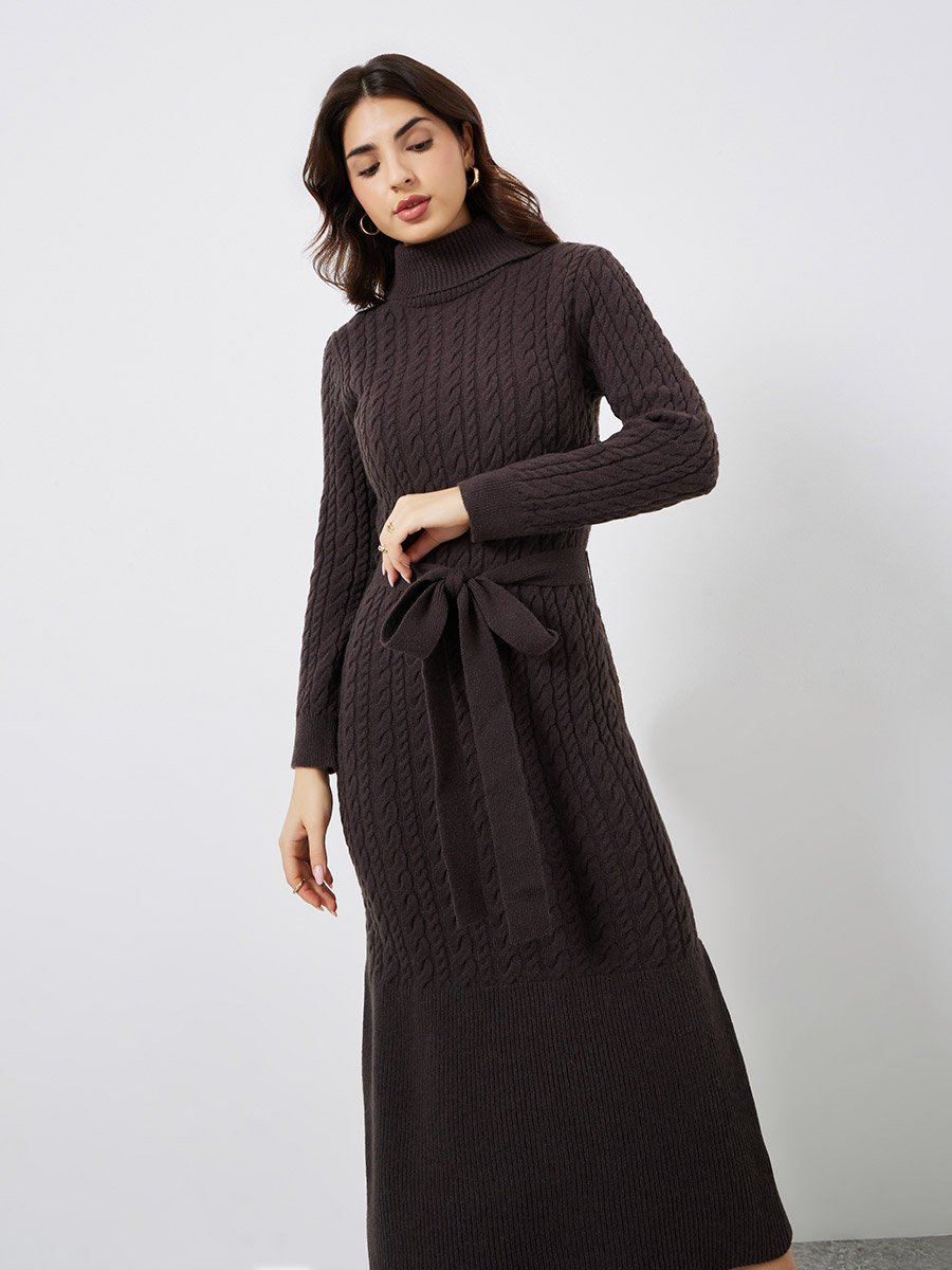 Brown Long Sleeves Sweater Maxi Dress