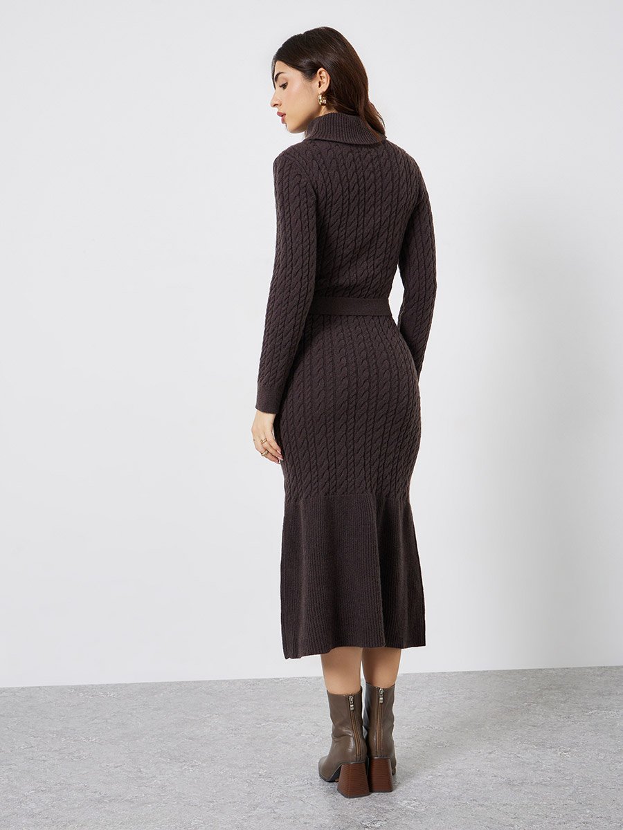 Brown Long Sleeves Sweater Maxi Dress