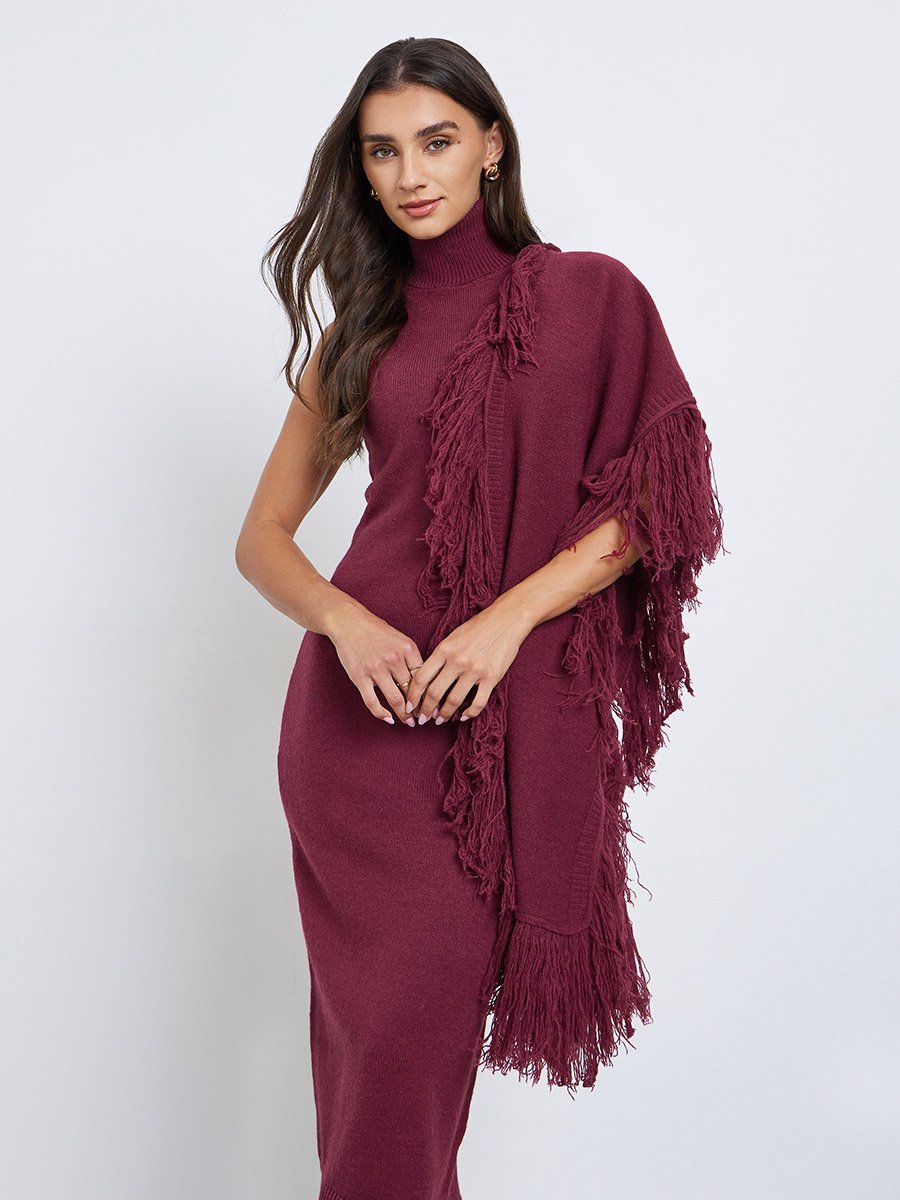Burgundy Sleeveless Midi Sweater Dress with Fringed Cape