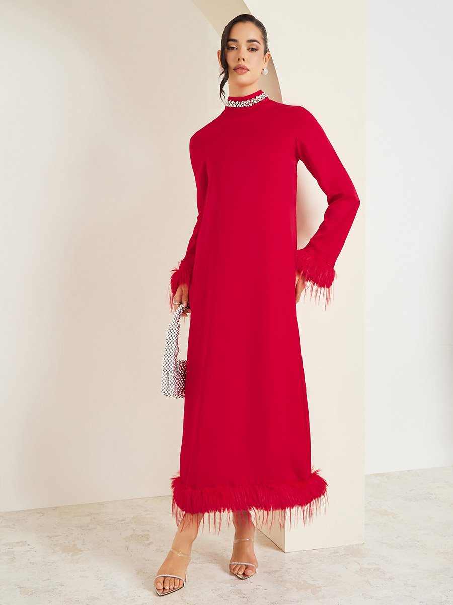 Women Red Embellished High Neck Shift Midi Dress