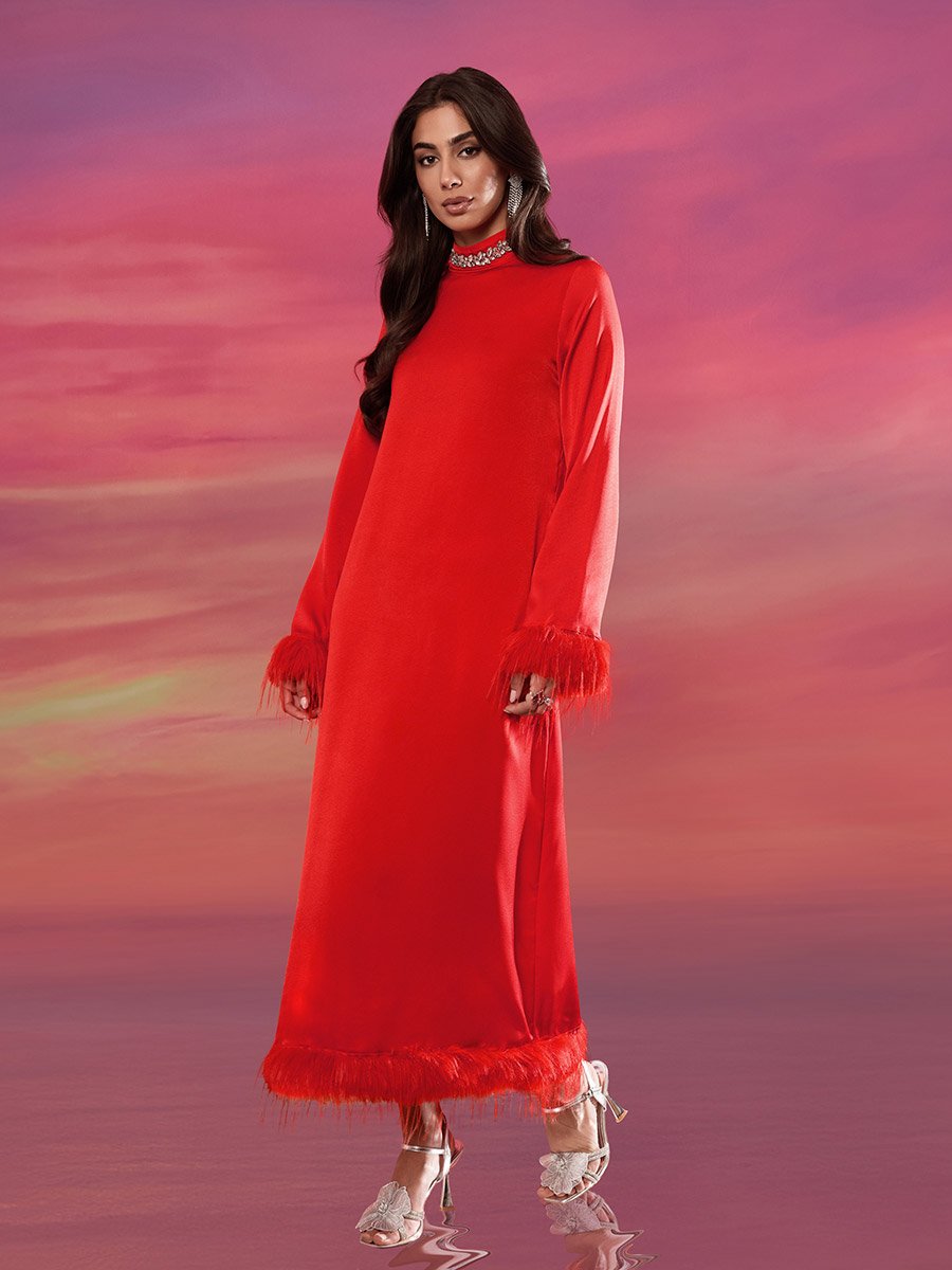 Women Red Embellished High Neck Shift Midi Dress