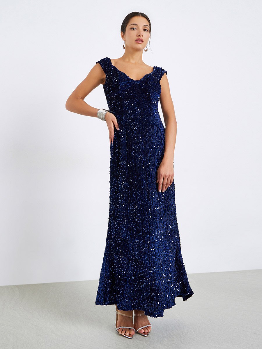 Sequined Sleeveless Maxi Evening Dress