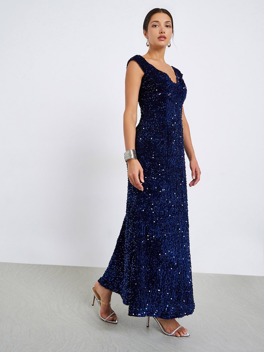 Sequined Sleeveless Maxi Evening Dress