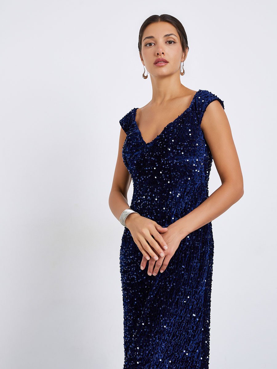 Sequined Sleeveless Maxi Evening Dress