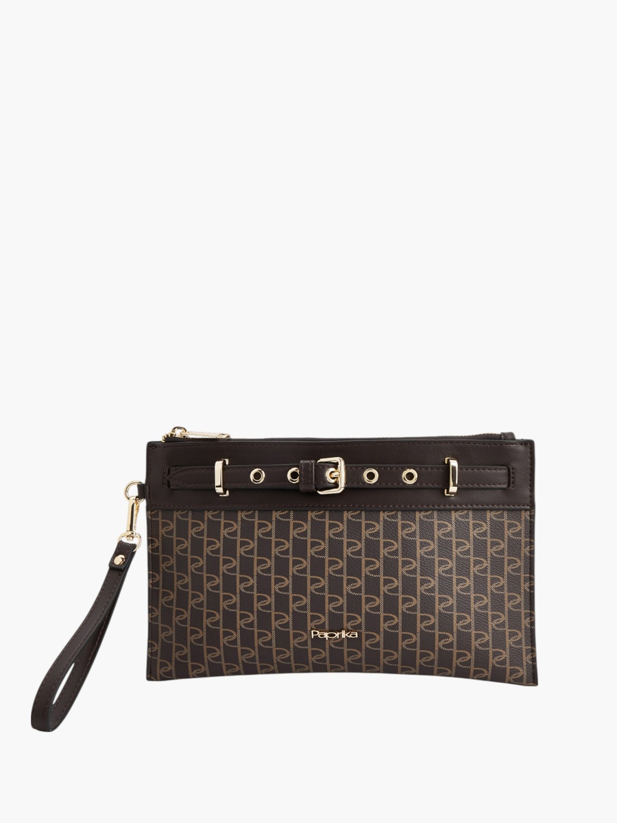 Monogram Print Clutch with Wristlet Strap and Zip Closure