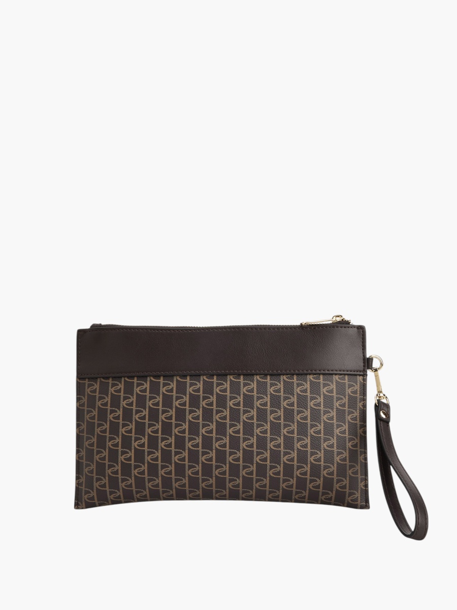 Monogram Print Clutch with Wristlet Strap and Zip Closure