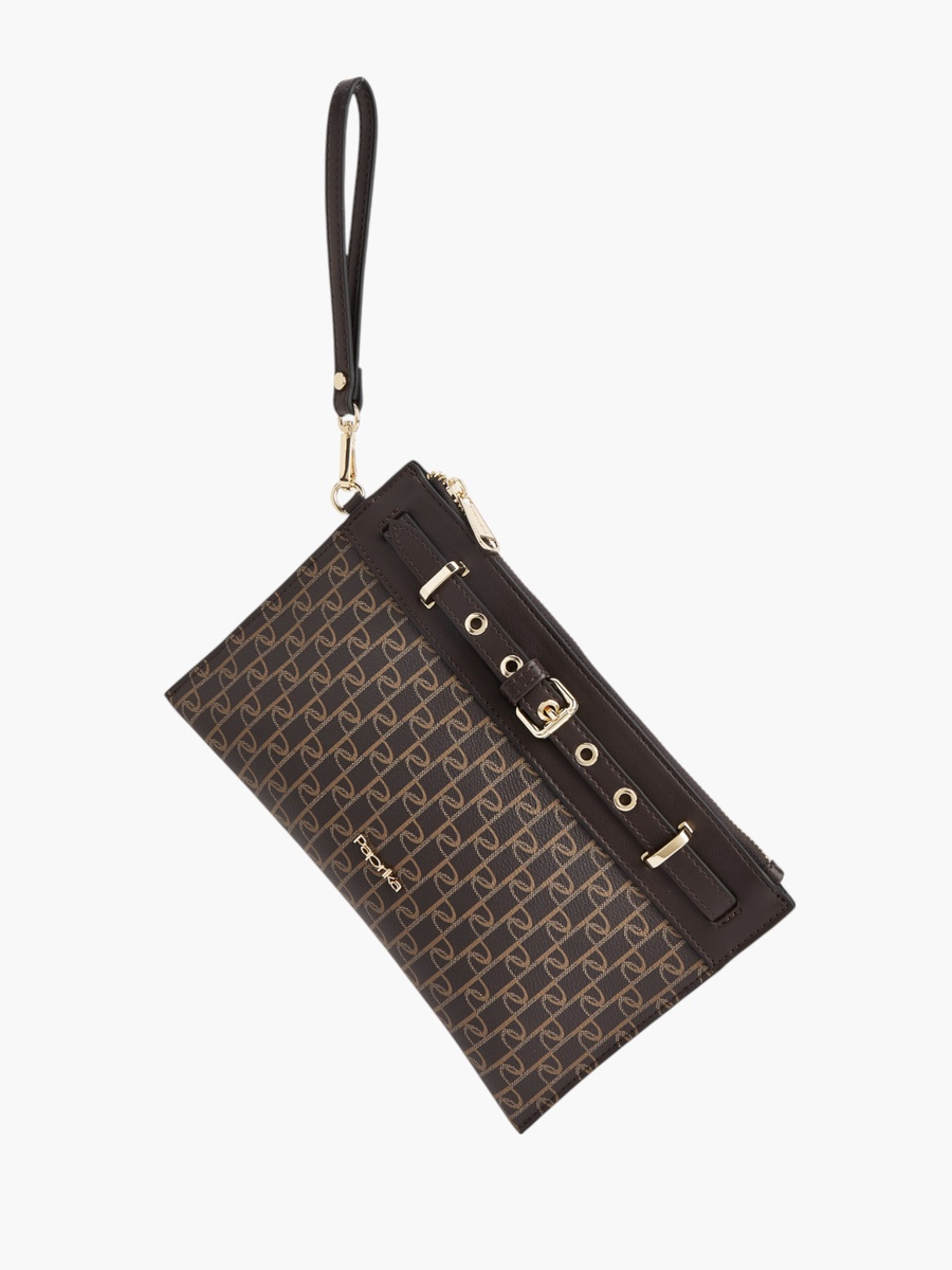 Monogram Print Clutch with Wristlet Strap and Zip Closure