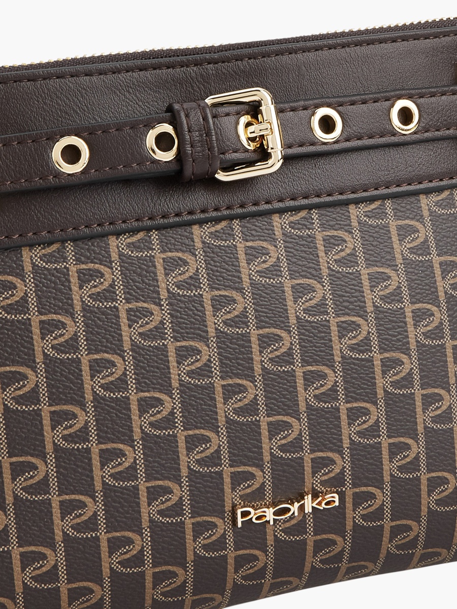 Monogram Print Clutch with Wristlet Strap and Zip Closure