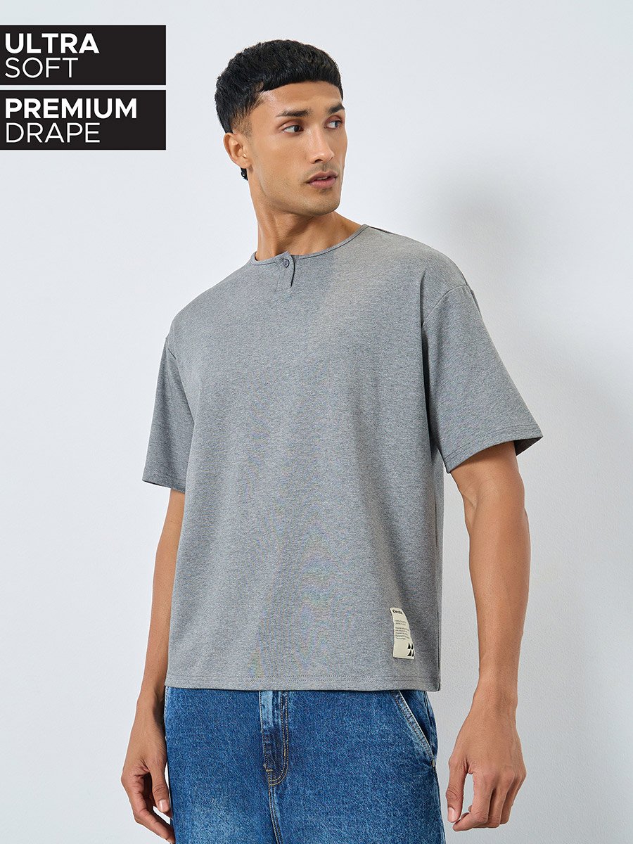 Oversized Heavy Stretch Henley Neck T-Shirt