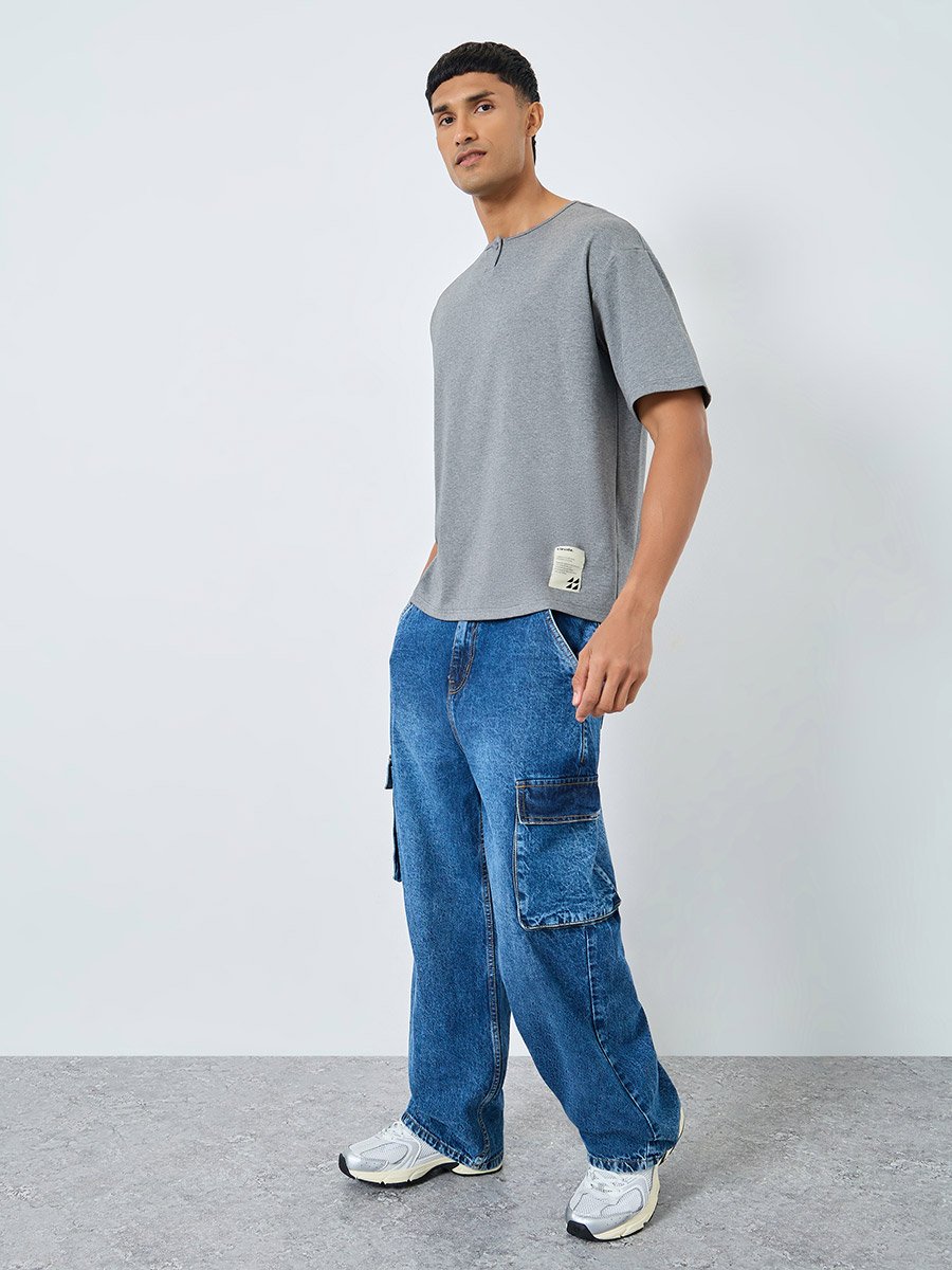 Oversized Heavy Stretch Henley Neck T-Shirt