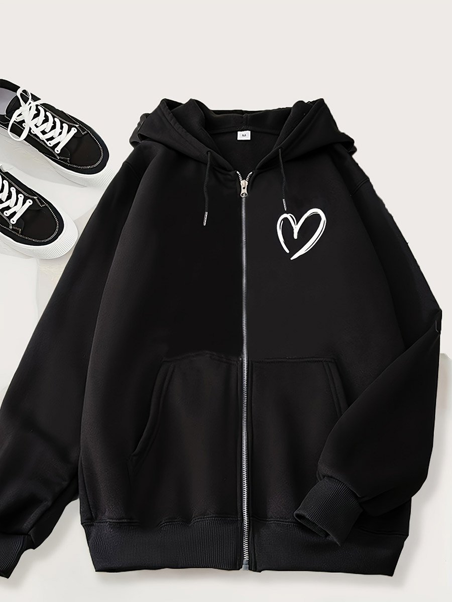 Black Heart Print Zip-Up Jacket
