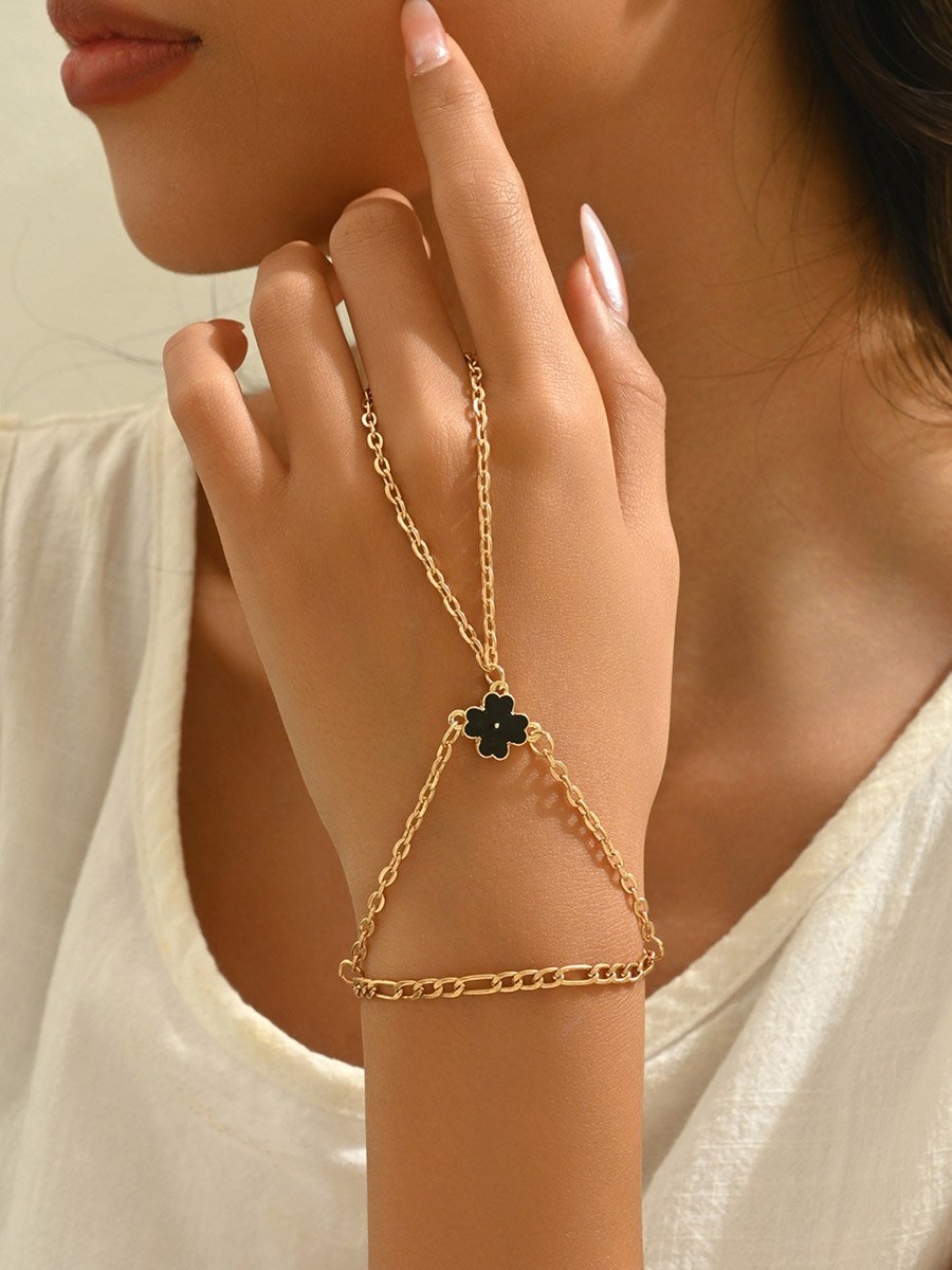 Gold Tone Flower Hand Chain Ring Bracelet