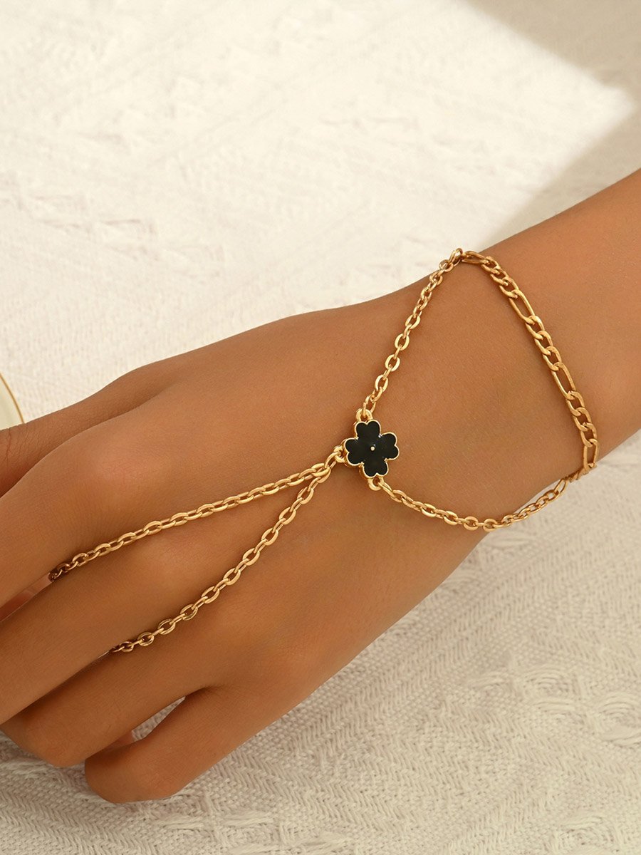 Gold Tone Flower Hand Chain Ring Bracelet