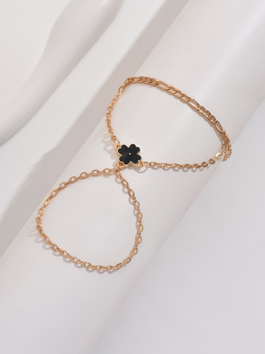 Gold Tone Flower Hand Chain Ring Bracelet