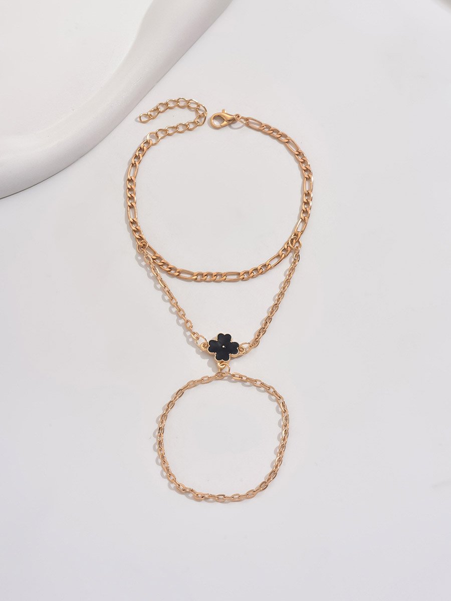 Gold Tone Flower Hand Chain Ring Bracelet
