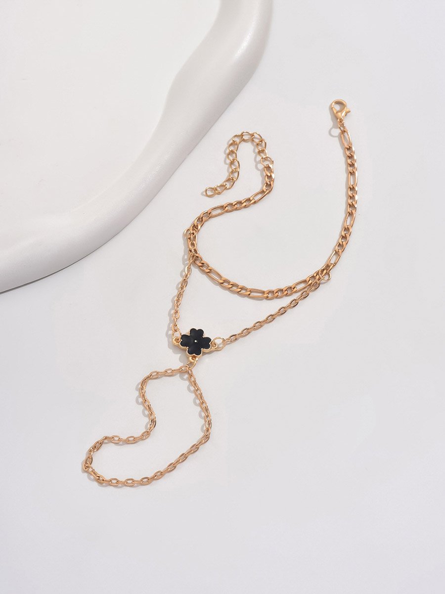 Gold Tone Flower Hand Chain Ring Bracelet