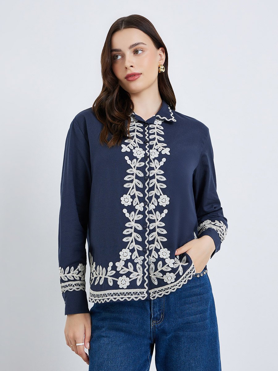 Women Blue Embroidered Long Sleeve Shirt